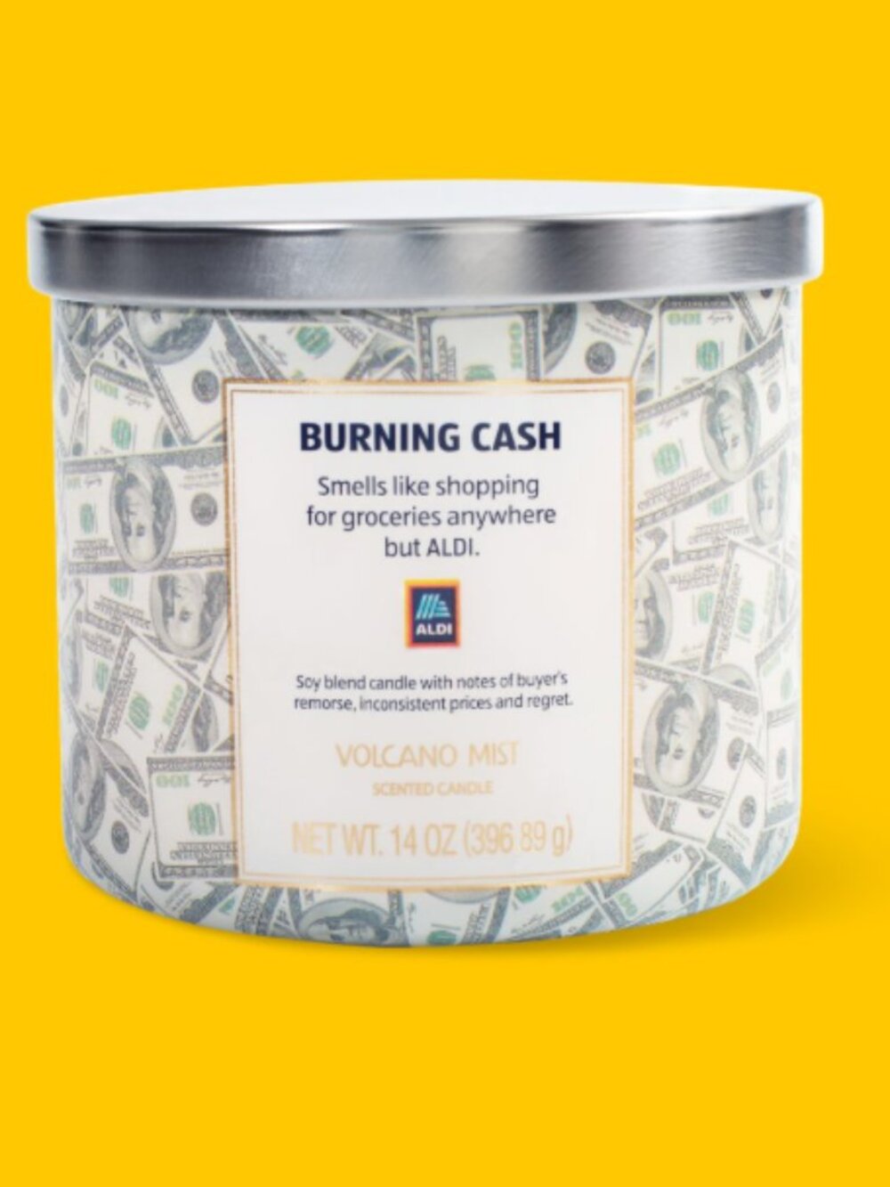 ALDI 50th Anniversary Burning Cash Volcano Mist Candle 14oz 3 Wick Glass Jar NEW